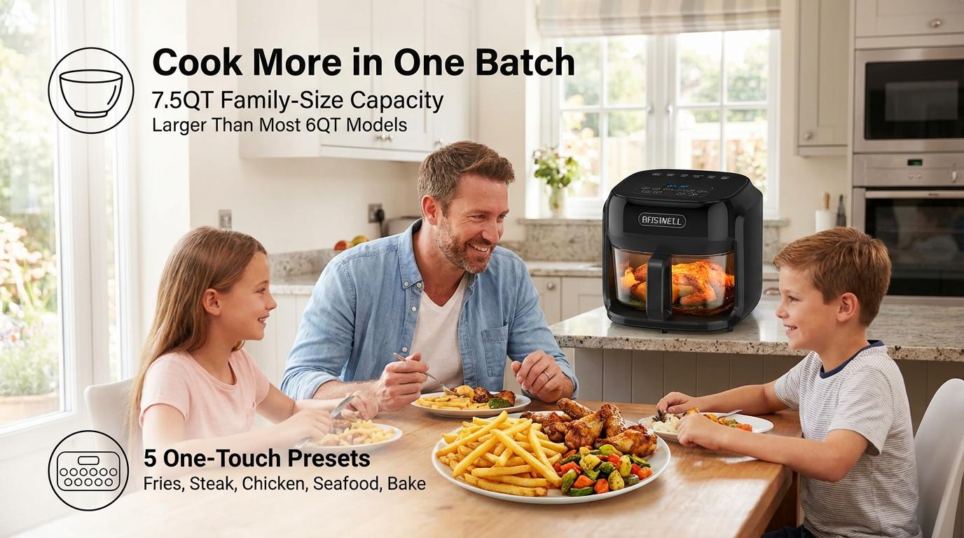 BOSWELL 7.5QT Glass Air Fryer with Transparent Bowl &ndash; 5-in-1 Rapid Heating, Fits a Whole Chicken, Oil-Free & Healthy Crispy Results, Dishwasher-Safe, A Perfect  Gift for Family or Couples