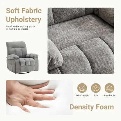 Sillón reclinable mecedor y giratorio con masaje vibratorio y calefacción lumbar; sillón de tela de chenilla con rotación de 270° y reposapiés, ideal para sala de estar y dormitorio.