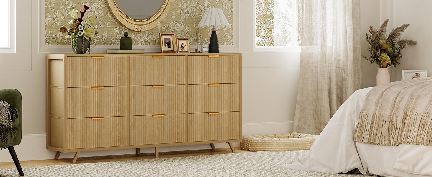 【Deals For You】9 Fabric Drawer Dresser for Bedroom, 57" Fluted Wooden Chest with Fabric Drawers, Modern Media Console & TV Stand for 35/45/55 Inch TV, Large Storage Organizer Cabinet with Reinforced Base