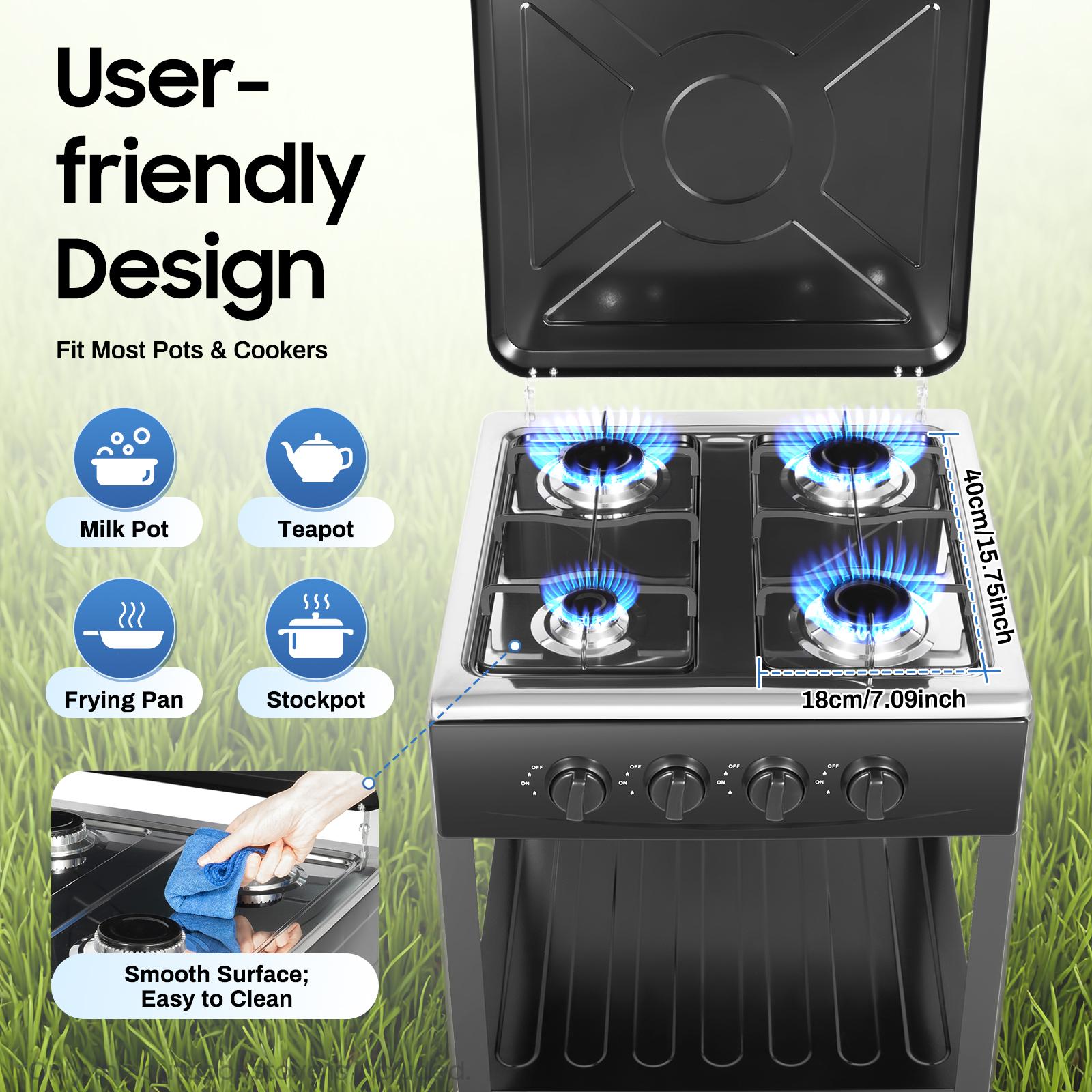 4 Burner Freestanding Gas Stove NG LPG Outdoor Camping Portable Cooktop with 4 Knobs Manual Ignition for RV Travel Emergency Preparedness Family Use