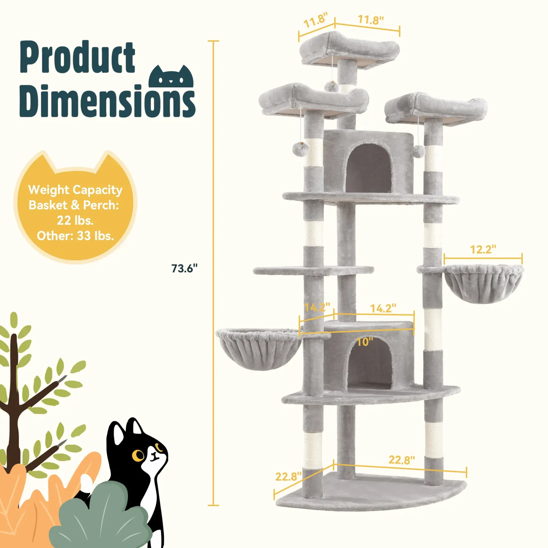 Árbol para Gatos de 73 Pulgadas, Torre Multinivel en Esquina con Casitas, Plataformas, Cestas y Rascadores de Sisal, Ahorra Espacio y es Ideal para Interiores