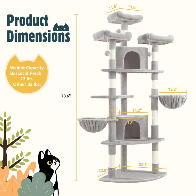 Árbol para Gatos de 73 Pulgadas, Torre Multinivel en Esquina con Casitas, Plataformas, Cestas y Rascadores de Sisal, Ahorra Espacio y es Ideal para Interiores