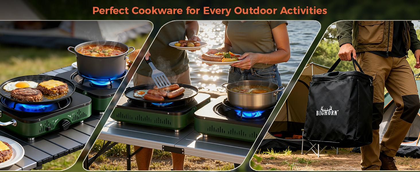 BIG HORN OUTDOORS 2 Burner Propane Camping Stove, Portable Camp Stove, Folding Gas Stove, Includes Frying Pan & Carry Bag for Camping, Emergency Use and Outdoor Cooking