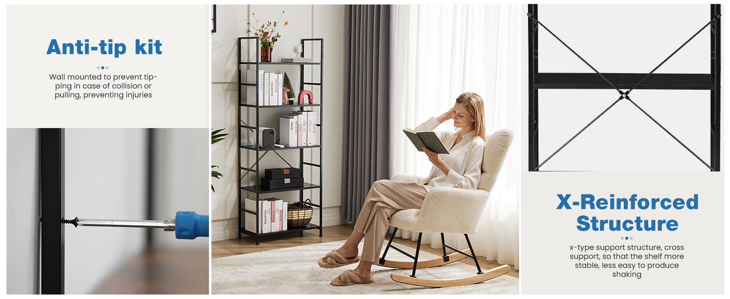 Storage Rack, 5 Tier Bookcase, Vintage Storage Rack with Open Shelves in Living Room/Home/Office, Metal Frame Display Rack Books Holder Organizer Storage Rack, 5 Tier Bookcase, Vintage Storage Rack with Open Shelves in Living Room/Home/Office, Metal Frame Display Rack Books Holder Organizer