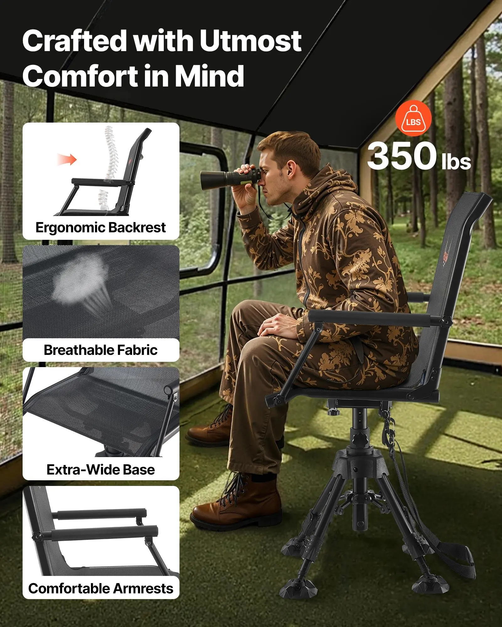 Silla de caza, giratoria silenciosa de 360°, plegable y portátil, con estructura de acero resistente, reposabrazos, patas antideslizantes, altura ajustable, capacidad de 159 kg (350 lbs) para pesca y acampada.