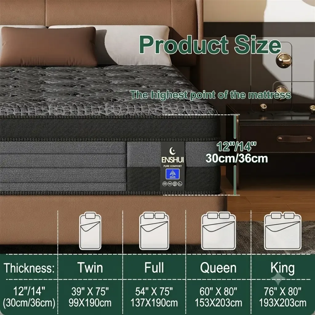 Colchón híbrido de firmeza media de 12/14 pulgadas, ergonómico, gris, en caja, de temperatura neutra, tamaños Queen y King, muebles modernos para dormitorios pequeños, hogar y hotel.