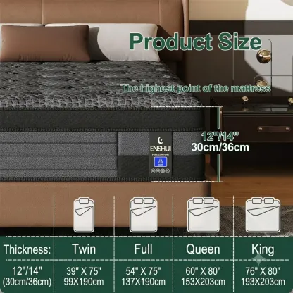 Colchón híbrido de firmeza media de 12/14 pulgadas, ergonómico, gris, en caja, de temperatura neutra, tamaños Queen y King, muebles modernos para dormitorios pequeños, hogar y hotel.