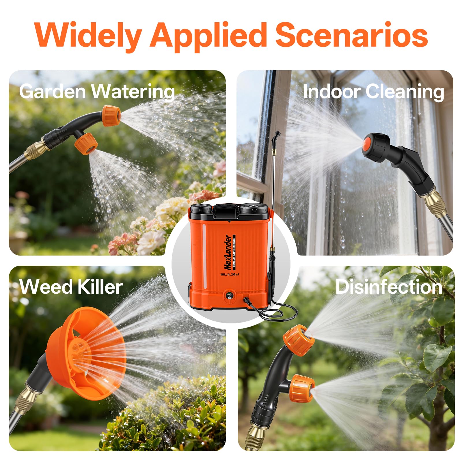 Maxlander Battery Powered Backpack Sprayer 4.2 Gallon, Electric Graden Sprayer Works with 2 x 20V 2.0Ah Battery, 90 PSI Adjustable Pressure Sprayer with 6 Spray Nozzles electric sprayer