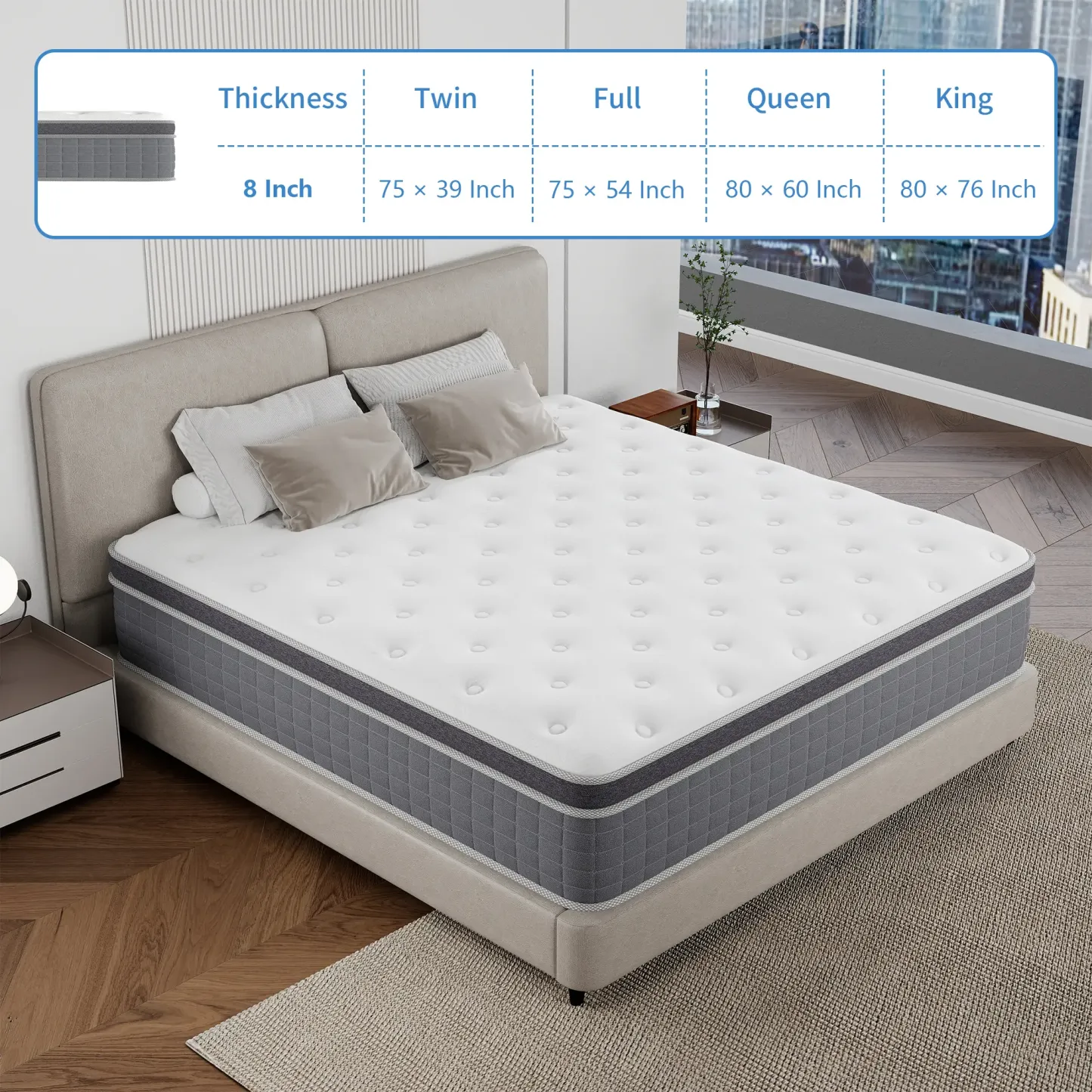 Colchón Híbrido de 12" o 14" para Twin, Full, Queen y King, Espuma Viscoelástica con Resortes Ensacados, Firmeza Media, Soporte por Zonas, Suave y Cómodo, Alivio de Presión, Certificado CertiPUR-US, Empacado al Vacío en Caja