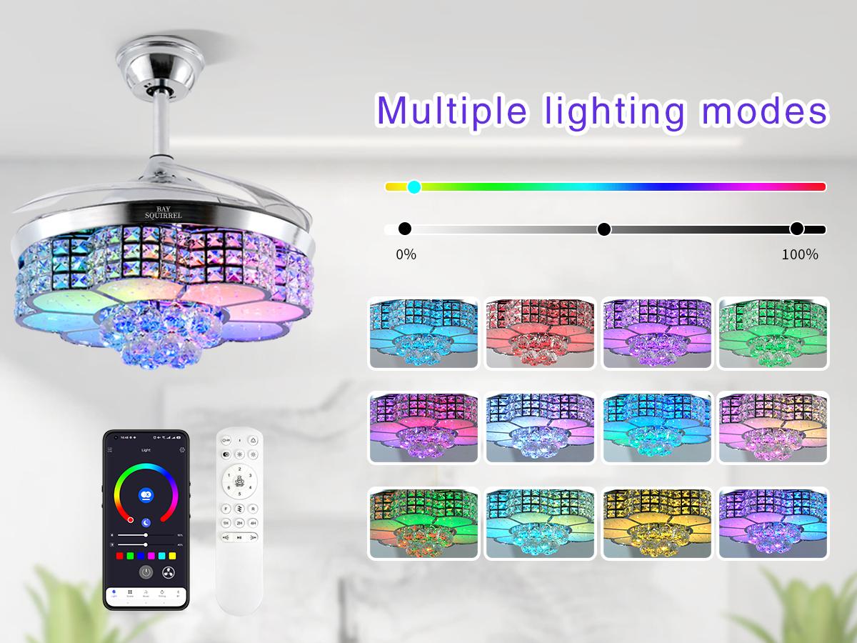 BAYSQUIRREL Retractable Crystal Ceiling Fan with Speaker, Remote/APP Control, 6-Speed Reversible RGB Multicolored Light, Adjustable LEDs, Colorful Lights, Color Changing Nightlight, Room Decor Gift