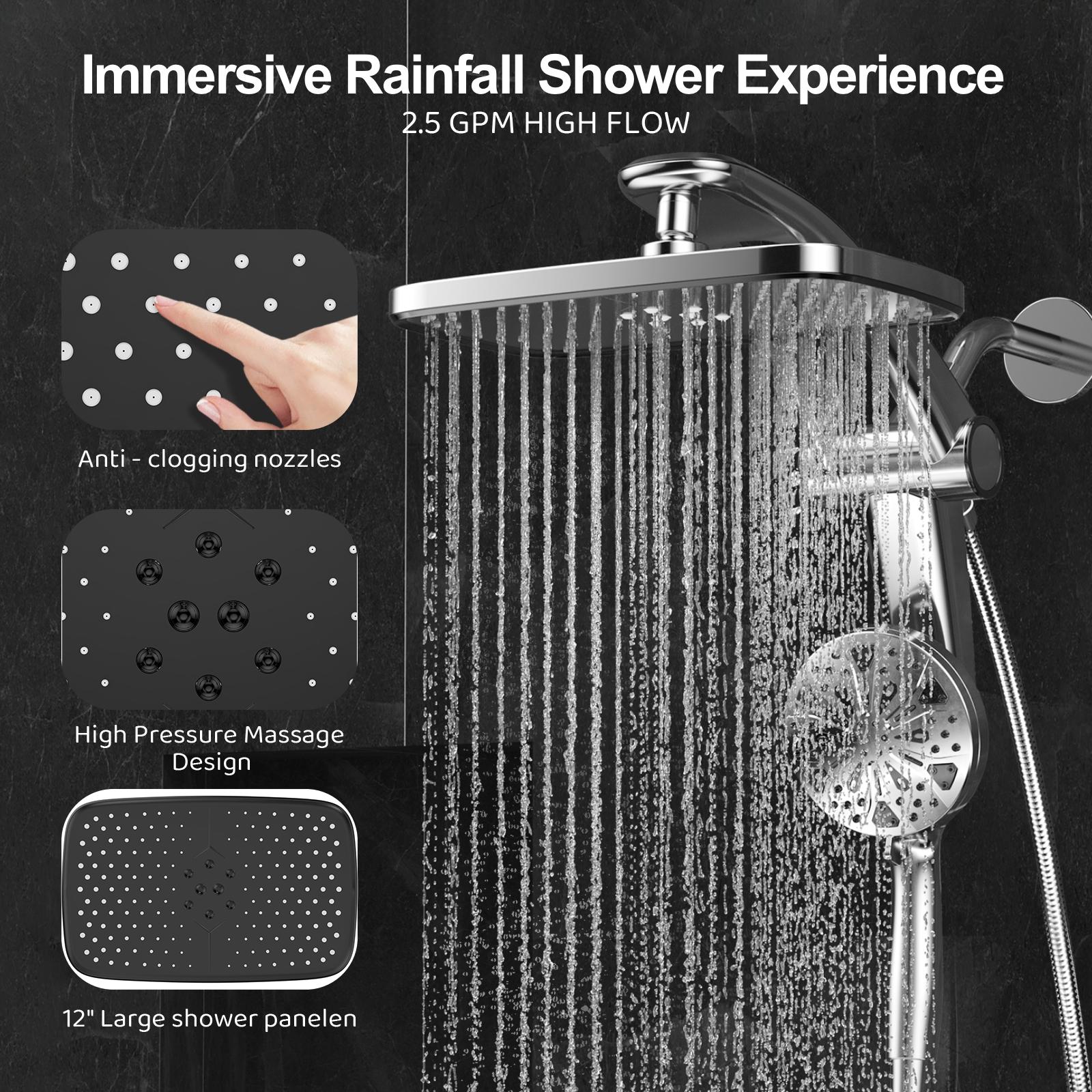 summervibes Dock-Free Dual Rain Shower Head Combo | 3 Step Install | 12" High Pressure Rainfall Showerhead | 8 Sprays 1 Power Jets Settings Handheld | 59" Hose | Magnetic Snap-to-Dock | Adjustable Height/Angle | Shower Heads |Luxury Standing Showers