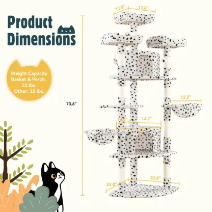 Árbol para Gatos de 73 Pulgadas, Torre Multinivel en Esquina con Casitas, Plataformas, Cestas y Rascadores de Sisal, Ahorra Espacio y es Ideal para Interiores