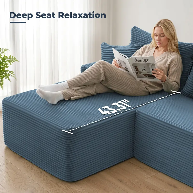 Sofá cama seccional en forma de U de 118 pulgadas con 2 cojines, sofá modular extragrande de 6 plazas, cómodo sofá de pana estilo "nube" con asientos profundos, sofá mullido y acogedor para sala de estar, no requiere montaje.