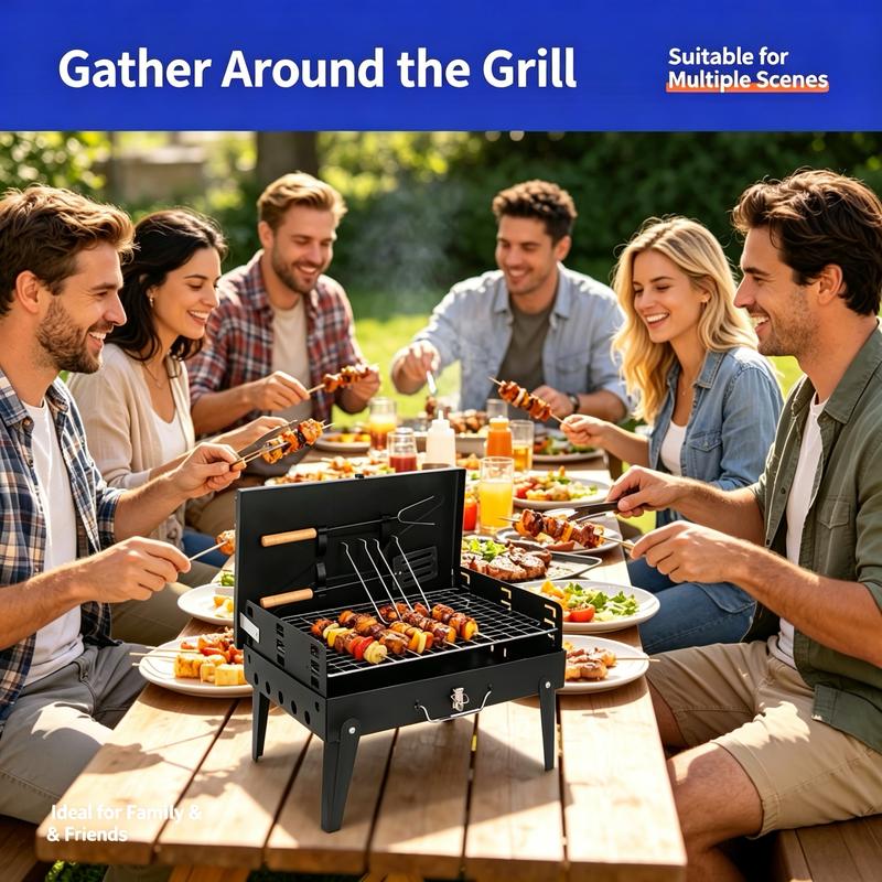 Parrilla de carbón portátil plegable con asas de madera, ideal para camping, patio y cocina al aire libre.