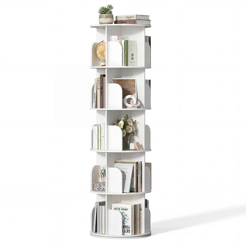 Estantería esquinera giratoria de 360° con 3/4/5 niveles, ideal para organizar y ahorrar espacio en dormitorio o sala.