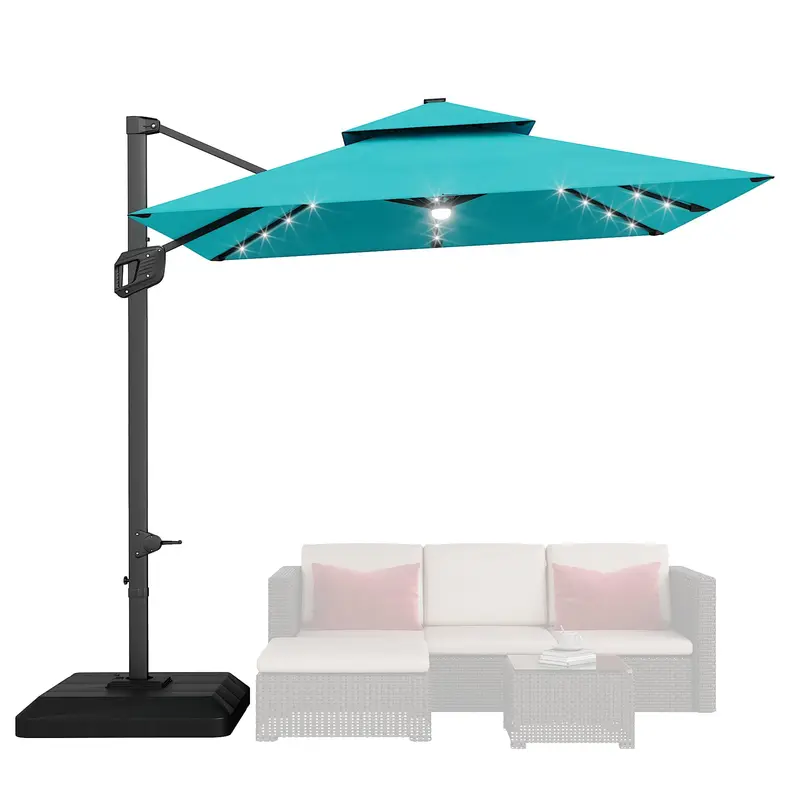 Sombrilla de patio cuadrada y resistente de 10 pies (3 metros) con diseño voladizo de dos niveles, estructura de aluminio, luces LED solares, rotación de 360° y base lastrada; ideal para sombra en jardines, terrazas y piscinas.