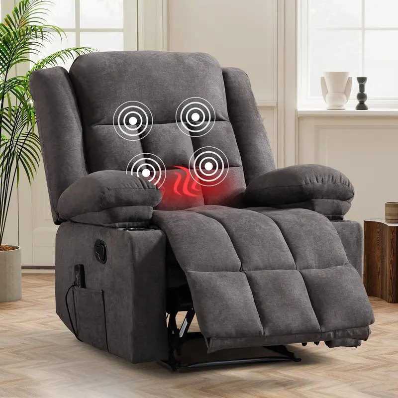 Sillón reclinable manual con masaje y calor, sillón de tela con portavasos y bolsillos de almacenamiento, cómodo y transpirable para la sala de estar