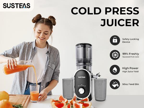 SUSTEAS Cold Press Juicer, 5.3 Inch Large Feed Opening, Slow Masticator Chute, For Whole Vegetables and Fruits, High Yield, Easy to Clean Springtok Steel