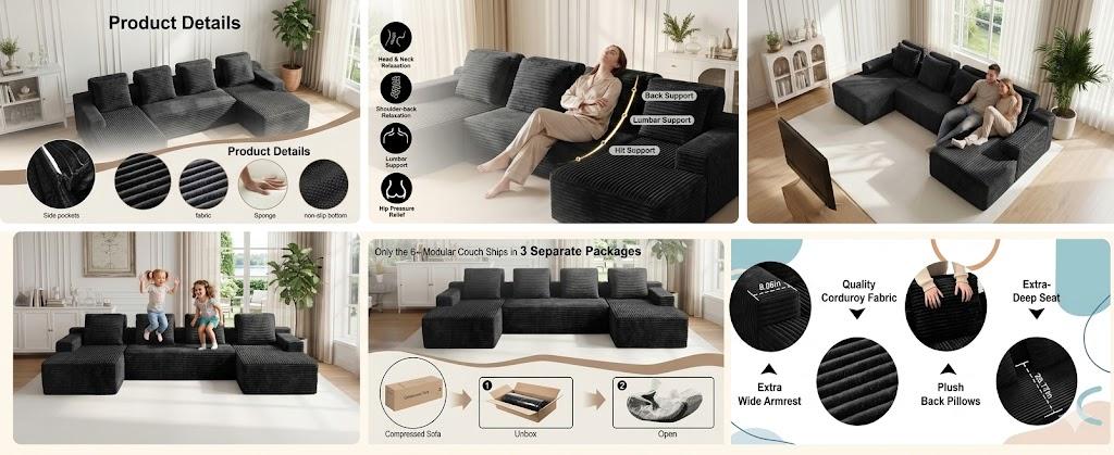 【Father's Day】 Modular Sectional Boneless Sofa,Oversized Chaise Lounge with Deep Seats, Modular Cloud Sleeper Sofa, No Assembly Required, Free Combination, Modern sectional couch.boneless sectional couch. living room furniture ou