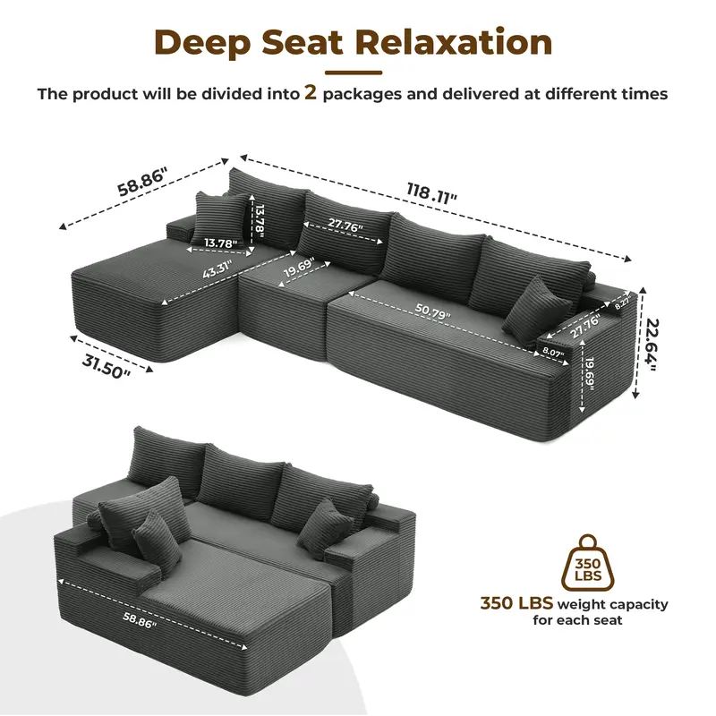 Sofá cama seccional en forma de U de 118 pulgadas con 2 cojines, sofá modular extragrande de 6 plazas, cómodo sofá de pana estilo "nube" con asientos profundos, sofá mullido y acogedor para sala de estar, no requiere montaje.