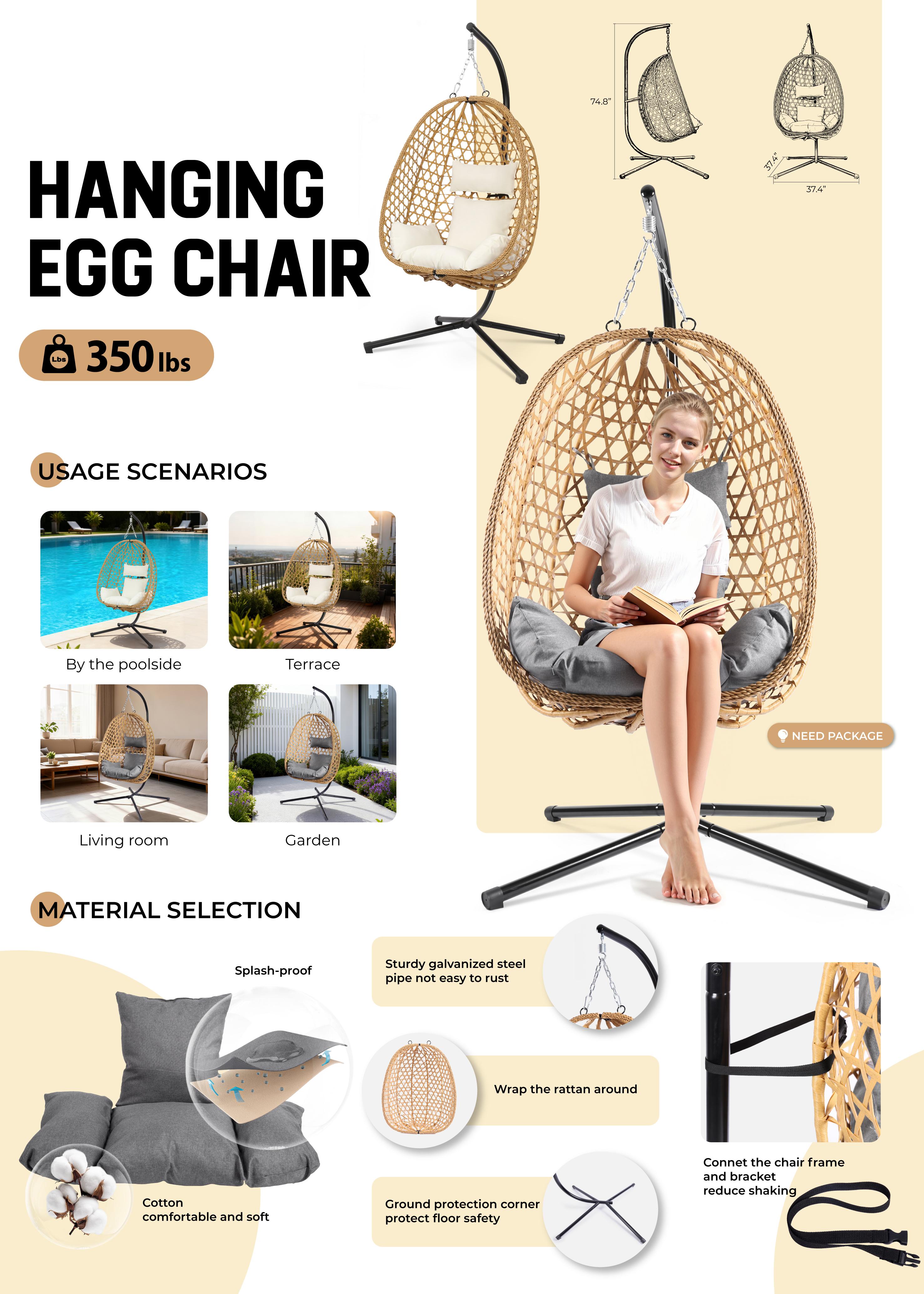Egg Patio Swing Chair &ndash; Wicker Design, Perfect for Indoor and Outdoor Use, Supports Up to 350LB, Includes Cushion for Extra Comfort,Summervibes