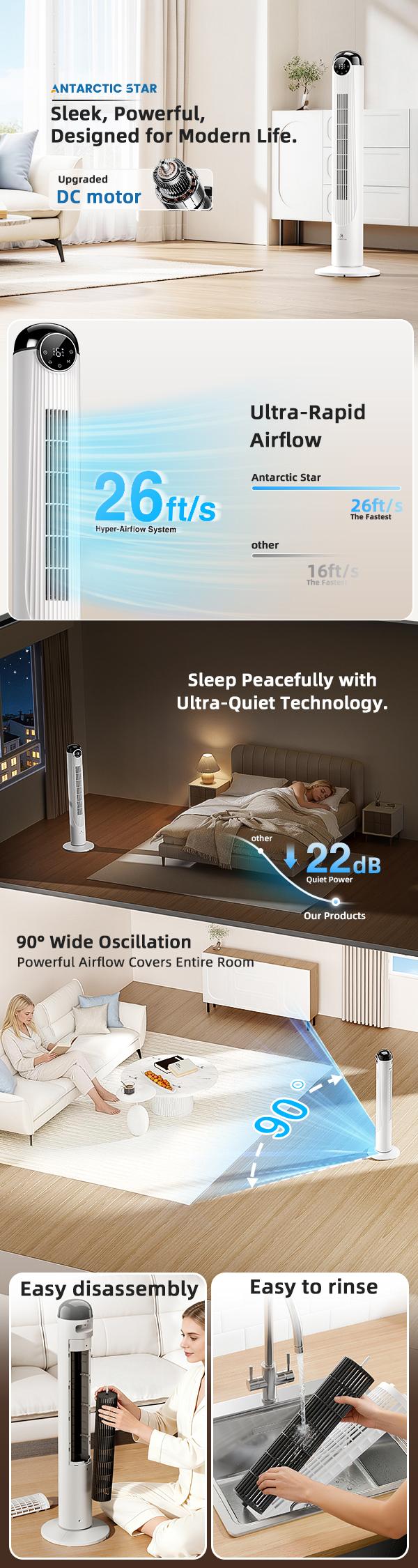 Antarctic Star T42 Tower Fan for Bedroom, 2026 Upgraded DC Motor, 26ft/s High Velocity, 22dB Ultra Quiet Standing Fan, 6 Speeds 4 Modes, 90° Oscillating Bladeless Fan with 9H Timer, Floor Fans with Remote, White Antarctic Star T42 Tower Fan for Bedroom, 2026 Upgraded DC Motor, 26ft/s High Velocity, 22dB Ultra Quiet Standing Fan, 6 Speeds 4 Modes, 90° Oscillating Bladeless Fan with 9H Timer, Floor Fans with Remote, White