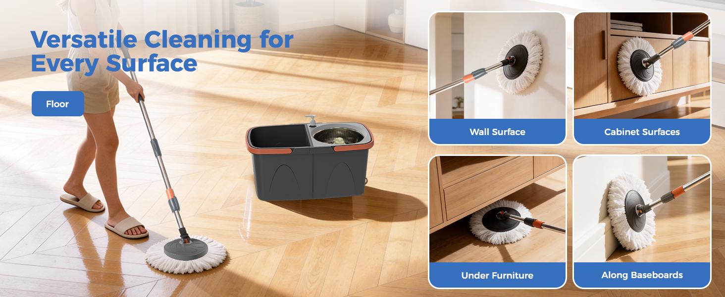 YASHE Spin Mop and Bucket with Wringing System - Foldable & Space-Saving Design, Durable Stainless Steel Wringing Basket, Built-in Detergent Bottle, 2 Reusable Microfiber Mop Heads