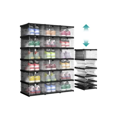 SONGMICS HOME Cajas para zapatos plegables — Organizador plegable, apilable y portátil para tallas de EE. UU. 13 — Estantes de plástico PP transparente