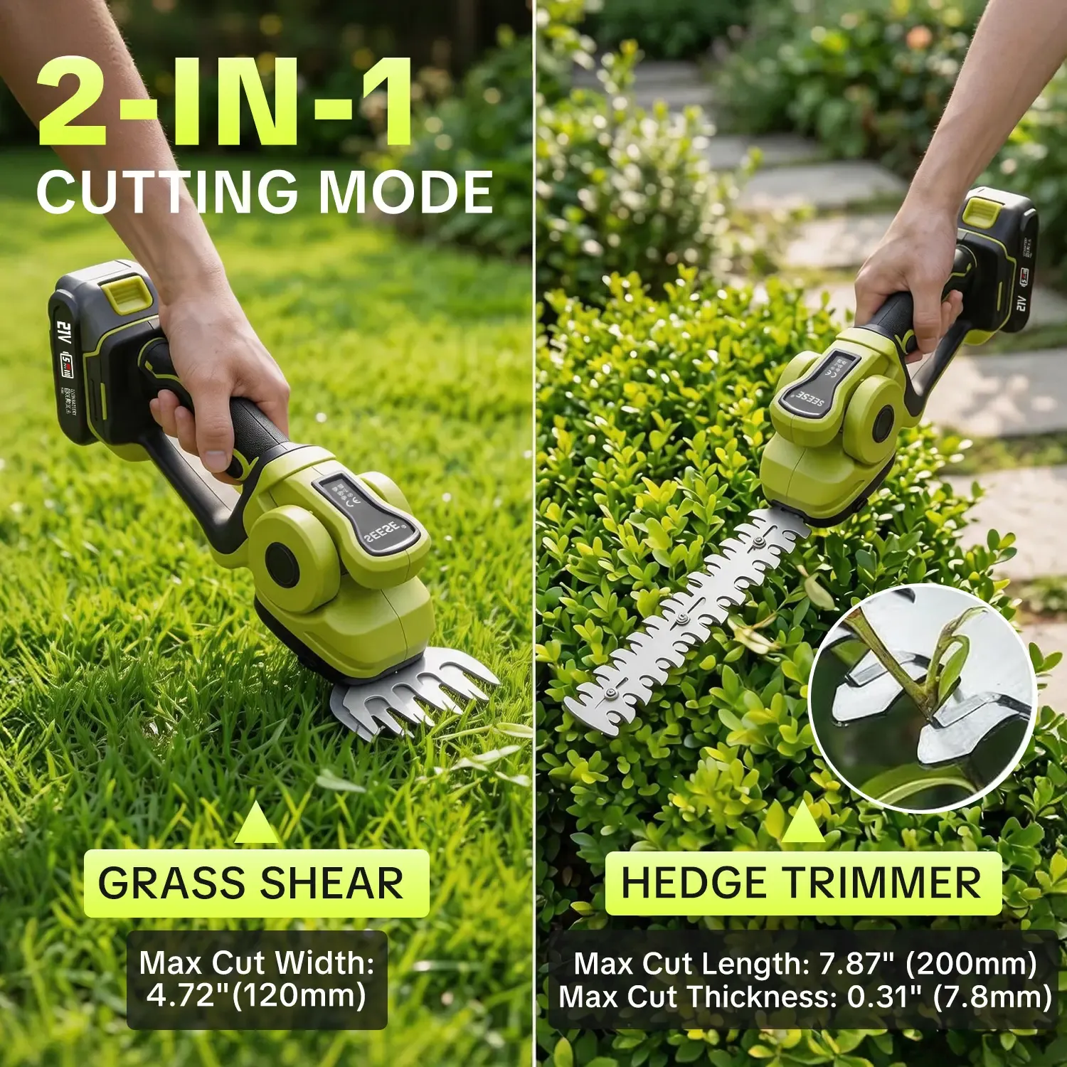 Tijeras cortacésped y cortasetos inalámbricos 2 en 1, cortasetos eléctrico portátil, 2 baterías de 21 V, ligero, ideal para el mantenimiento de césped, setos y jardines.