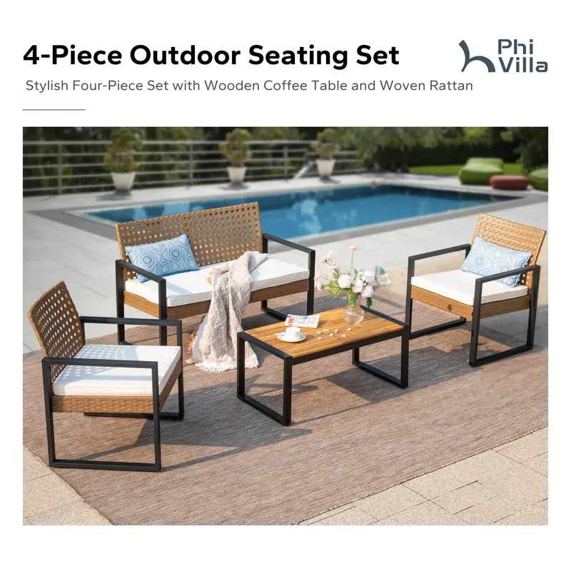 Juego de muebles de mimbre para patio y exteriores, con sofá de dos plazas y sillas de ratán acolchados, y mesa de centro de madera de acacia. Asientos elegantes y resistentes a la intemperie, ideales para jardín, patio trasero y zona de piscina — SpringG