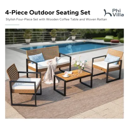 Juego de muebles de mimbre para patio y exteriores, con sofá de dos plazas y sillas de ratán acolchados, y mesa de centro de madera de acacia. Asientos elegantes y resistentes a la intemperie, ideales para jardín, patio trasero y zona de piscina — SpringG