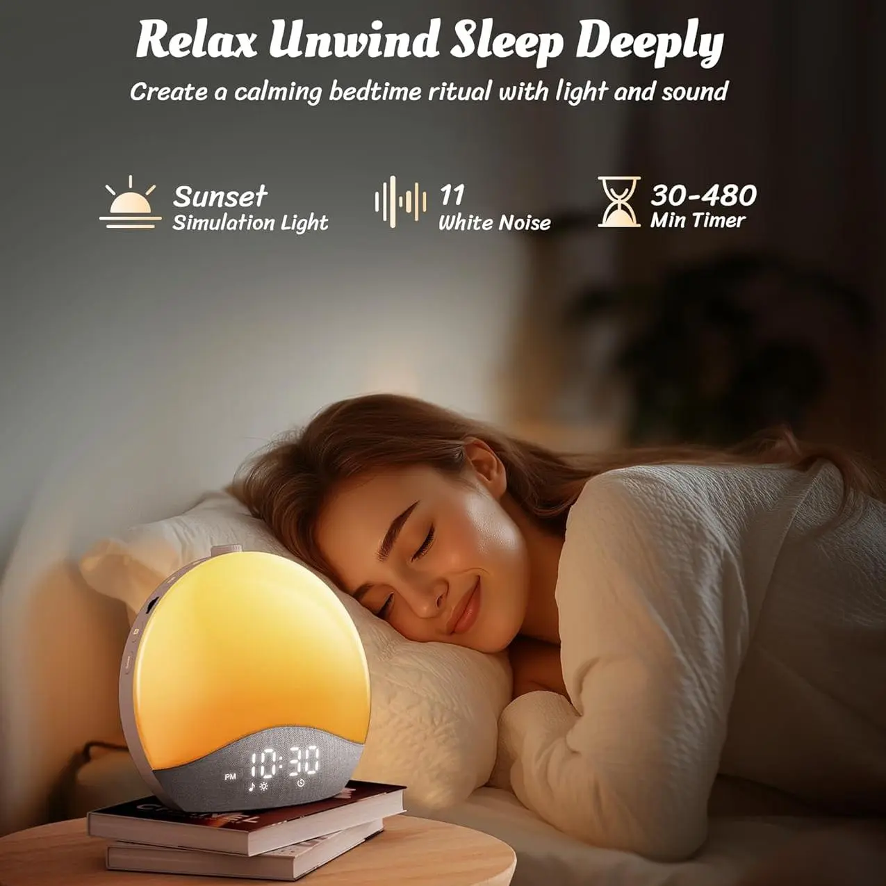 Reloj despertador con simulación de amanecer, máquina de ruido blanco y sonidos para el dormitorio, luz de despertar con altavoz Bluetooth, 26 sonidos para dormir, 17 luces nocturnas, reloj digital con intensidad regulable para adultos y niños.