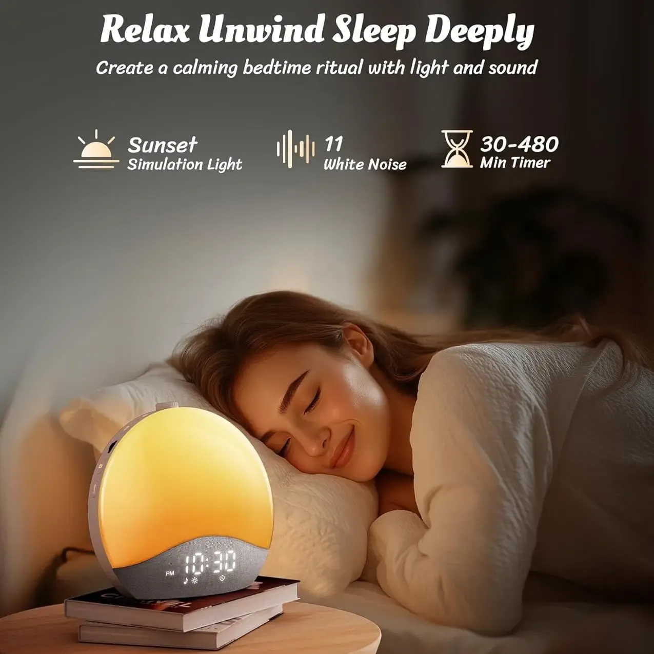 Reloj despertador con simulación de amanecer, máquina de ruido blanco y sonidos para el dormitorio, luz de despertar con altavoz Bluetooth, 26 sonidos para dormir, 17 luces nocturnas, reloj digital con intensidad regulable para adultos y niños.