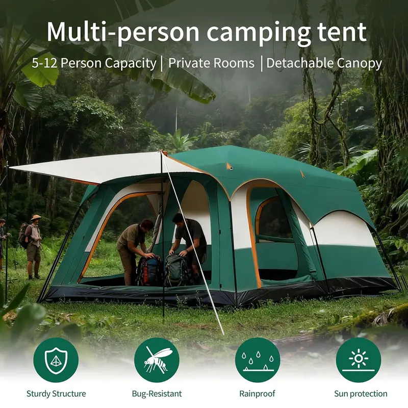 【Artículos esenciales para acampar】Tienda de campaña familiar extragrande 2026 para 10-12 personas, impermeable, de montaje instantáneo, de poliéster Oxford, ligera, con ventanas de malla y doble puerta. Accesorios para acampar al aire libre, senderismo, 
