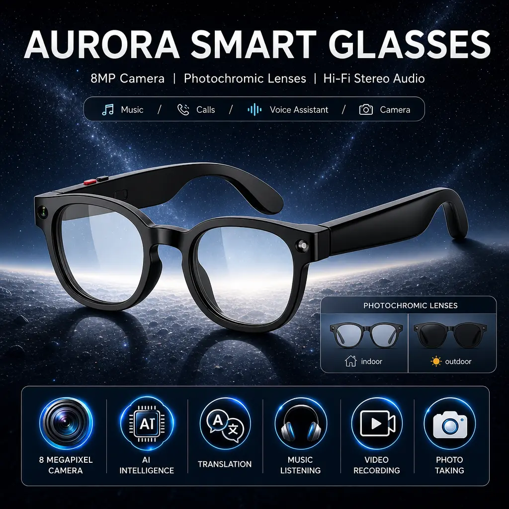 Gafas inteligentes con cámara e IA, lentes fotocromáticas con protección UV de 8 MP, traducción en tiempo real a más de 160 idiomas, audio Bluetooth, captura de fotos y vídeos con manos libres, control táctil; ideales para viajes, actividades al aire libr
