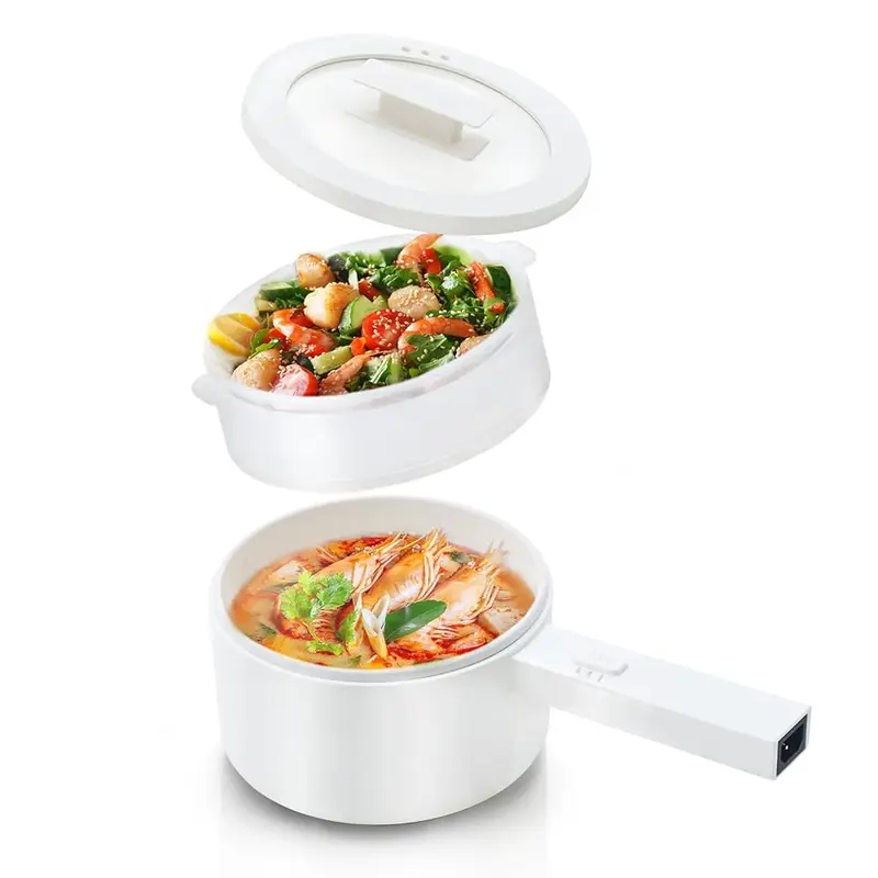 Mini olla eléctrica portátil de 1,5 L con revestimiento cerámico antiadherente y doble potencia, ideal para cocinar arroz, huevos, sopas y ramen.