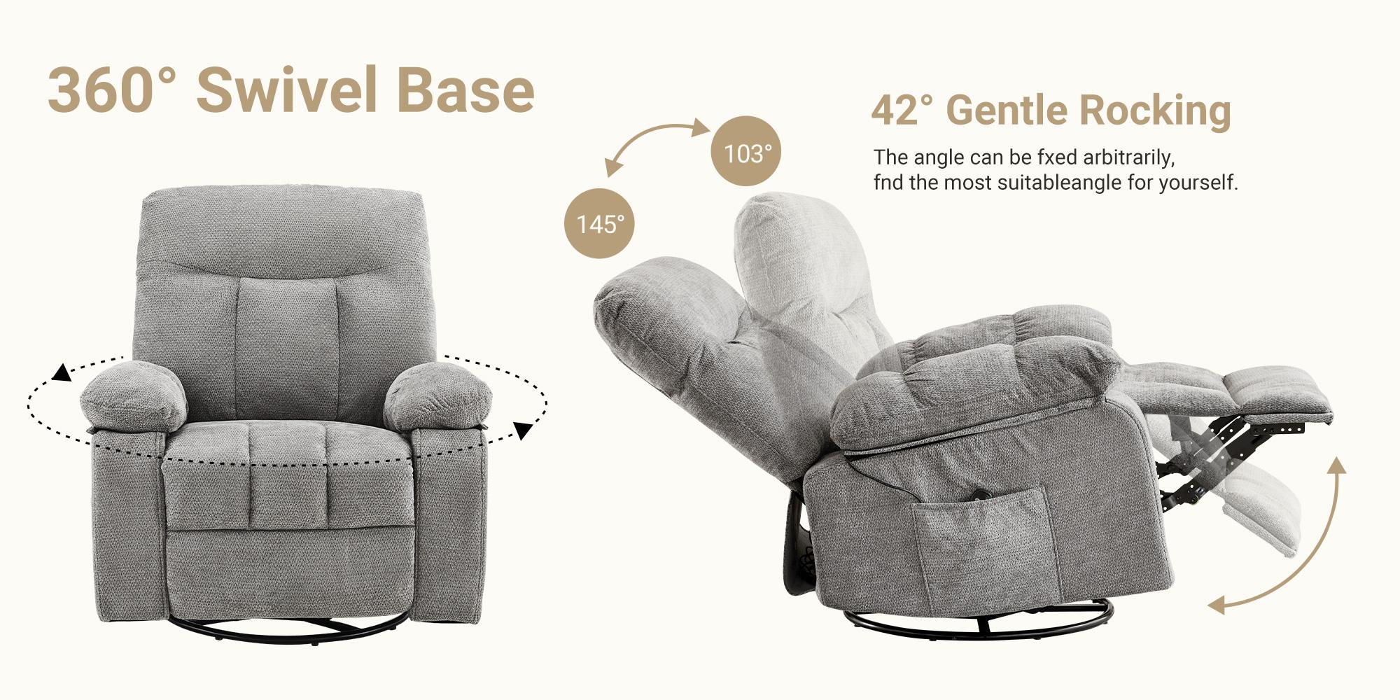 DUMOS Rocker Recliner Chair, Swivel Recliner with Vibration Massage & Lumbar Heating, 270° Rotating Chenille Fabric Recliner with footrest for Living Room & Bedroom DUMOS Rocker Recliner Chair, Swivel Recliner with Vibration Massage & Lumbar Heating, 270° Rotating Chenille Fabric Recliner with footrest for Living Room & Bedroom