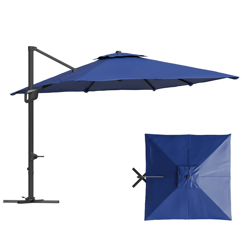 Sombrilla de patio cuadrada y resistente de 10 pies (3 metros) con diseño voladizo de dos niveles, estructura de aluminio, luces LED solares, rotación de 360° y base lastrada; ideal para sombra en jardines, terrazas y piscinas.