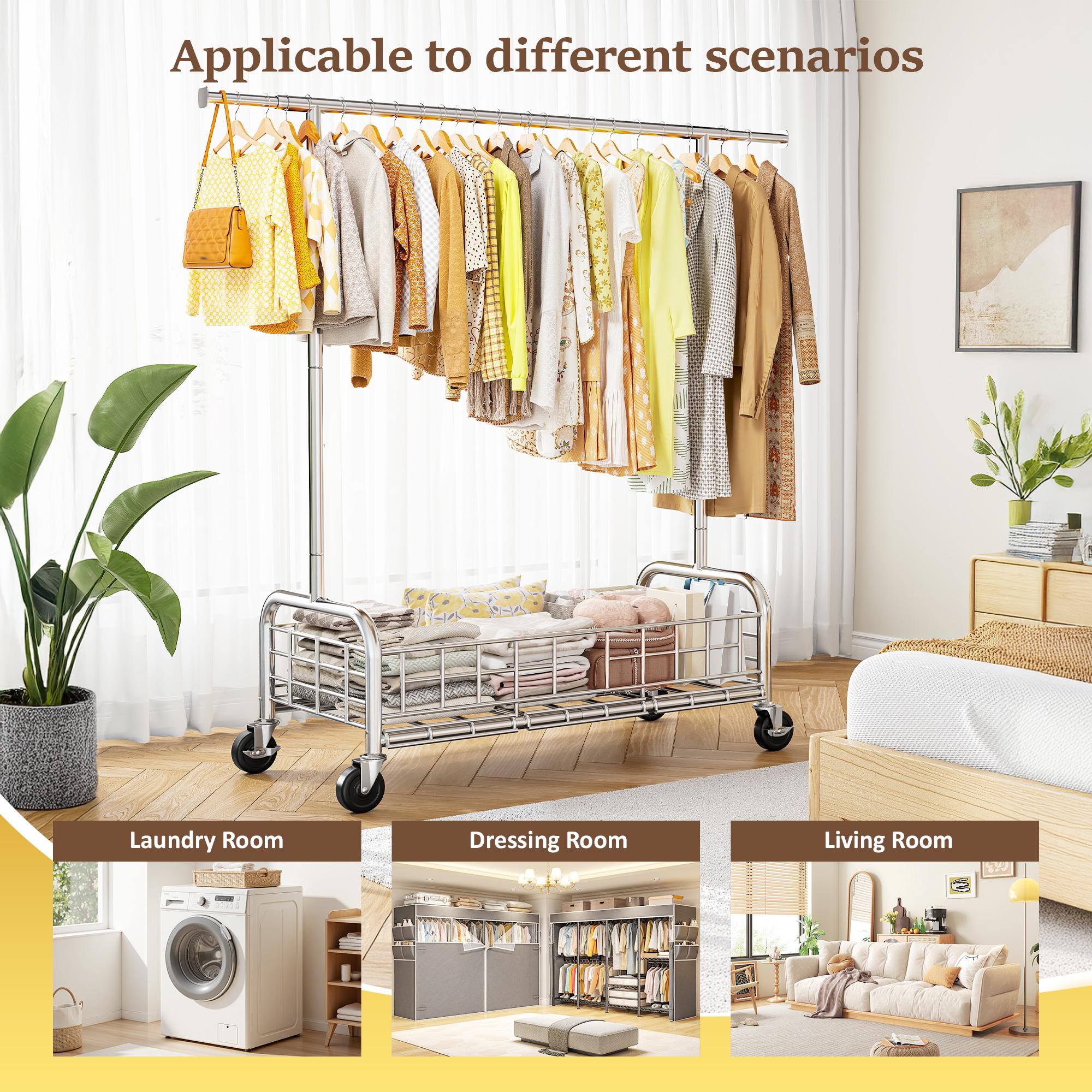 【Summervibes】Raybee Heavy Duty Clothes Rack 75" Extra Wide, 450 LBS Clothing Rack with 4 Hooks, Lockable Wheels, Metal Garment Rack for Bedroom, Laundry Room, Commercial
