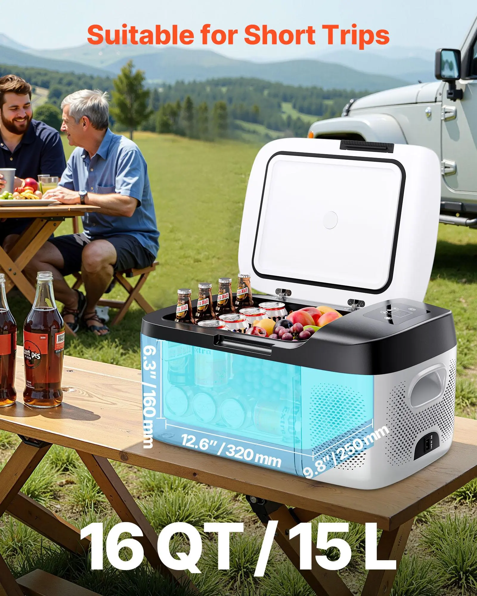Refrigerador portátil para automóvil, enfriador eléctrico con compresor DC 12/24V y AC 100-240V, congelador de -4°F a 68°F con control mediante app, capacidad de 16 QT, ideal para RV, camping, barcos, pesca y viajes al aire libre.