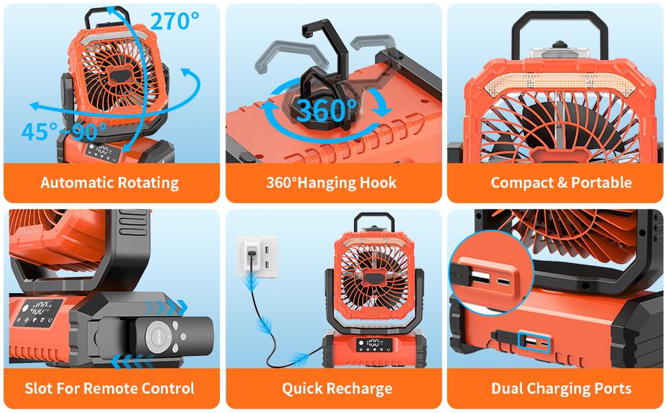 Rechargeable Camping Fan with LED Light, Portable Multi-Function Fan with Spray Humidification, Shaking Head Emergency Camping Fan, Wireless Rotation, Battery Powered, Lightweight and Portable#SummerWins