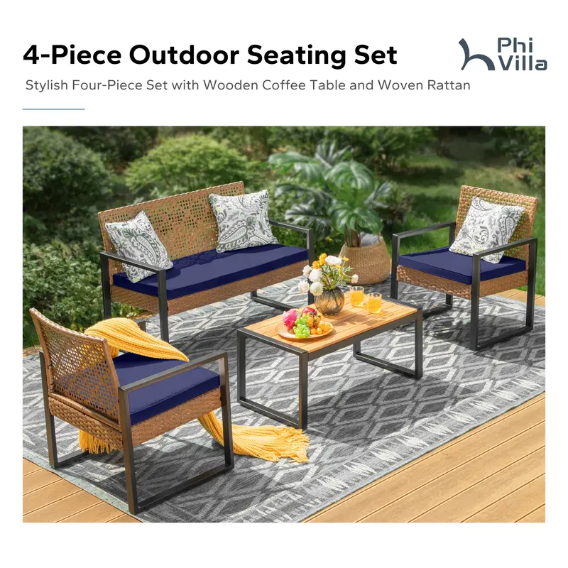 Juego de muebles de mimbre para patio y exteriores, con sofá de dos plazas y sillas de ratán acolchados, y mesa de centro de madera de acacia. Asientos elegantes y resistentes a la intemperie, ideales para jardín, patio trasero y zona de piscina — SpringG