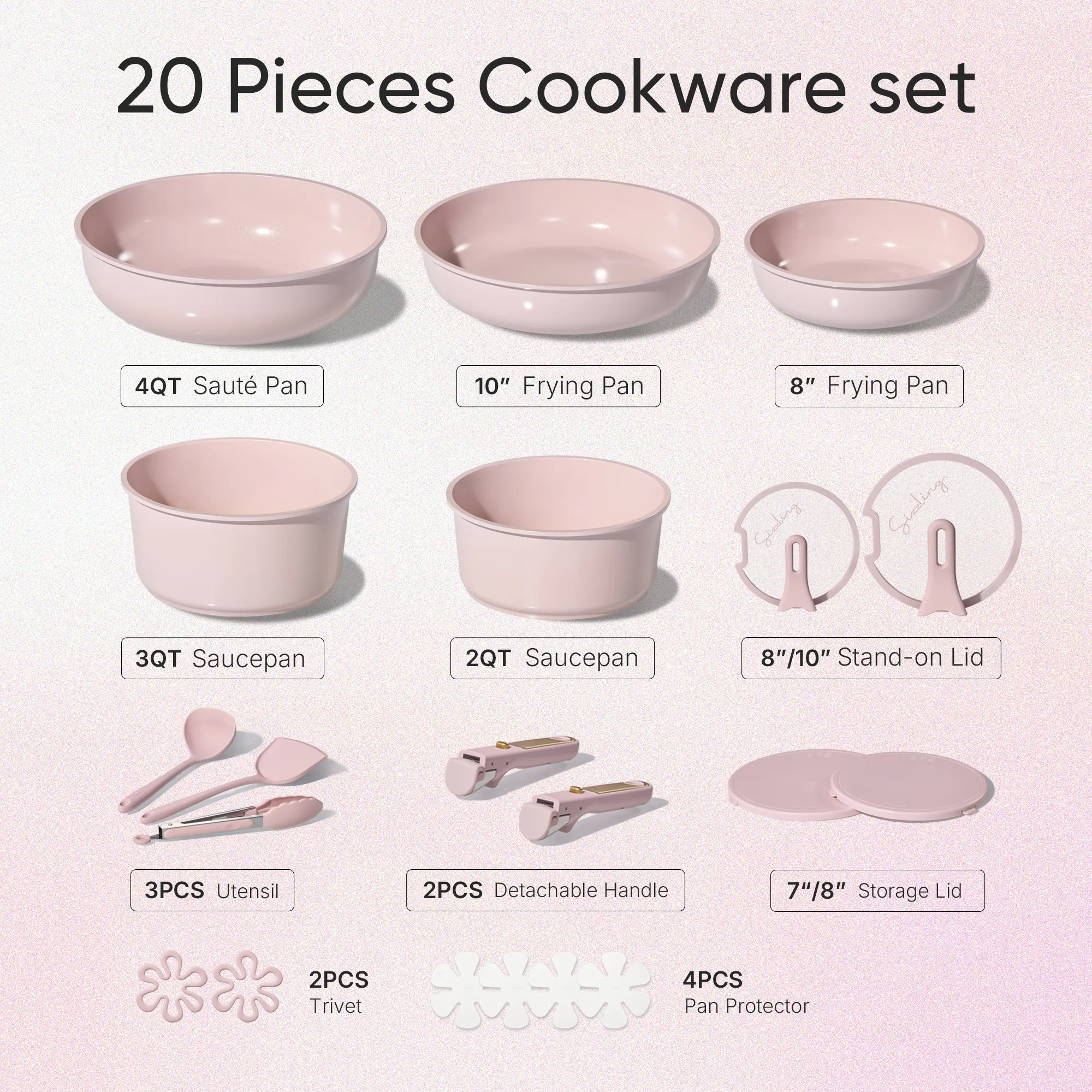 Juego de utensilios de cocina de cerámica de 20 piezas (color Macaron) con tapas verticales y asas desmontables — Juego de ollas y sartenes antiadherentes, no tóxico y libre de PFAS.