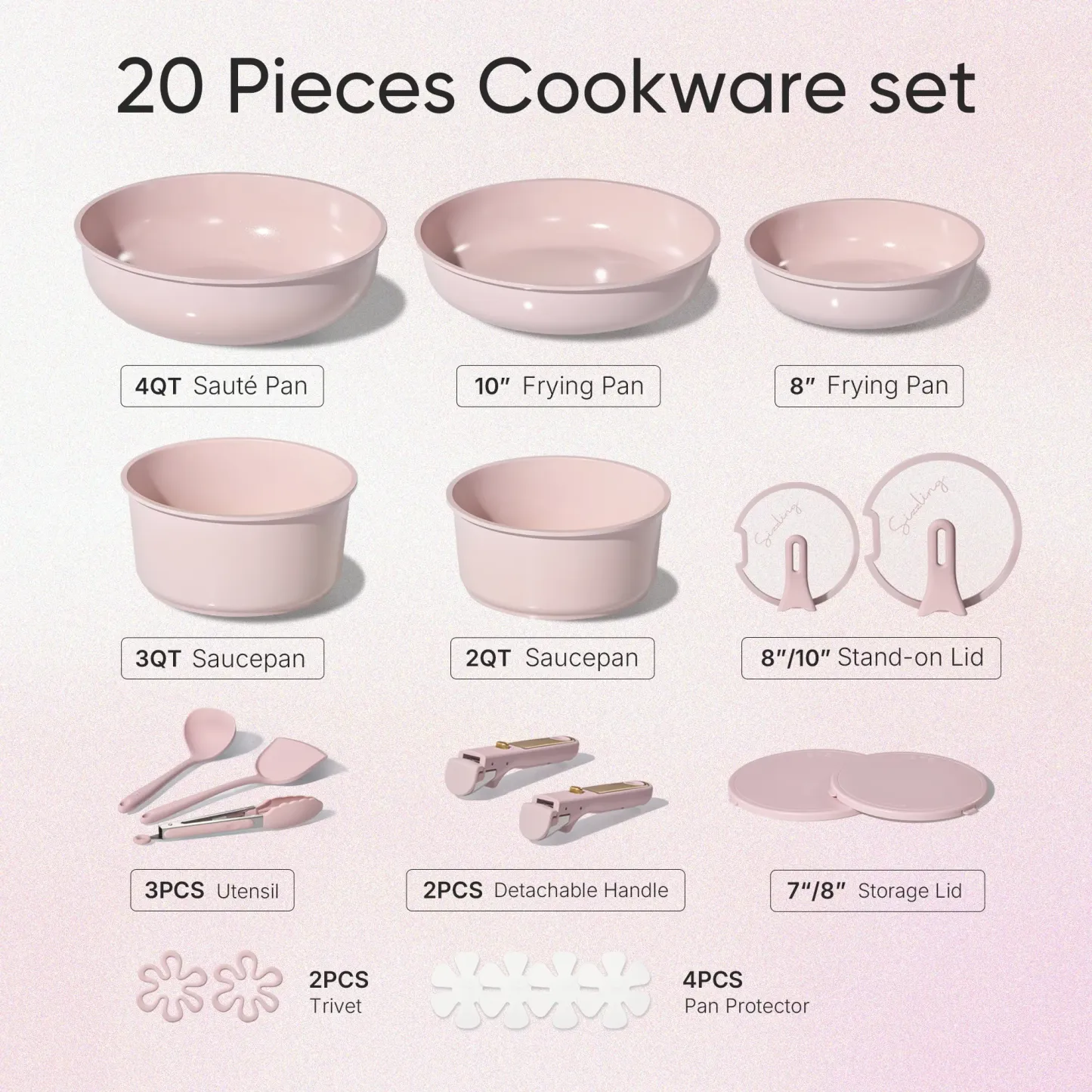 Juego de utensilios de cocina de cerámica de 20 piezas (color Macaron) con tapas verticales y asas desmontables — Juego de ollas y sartenes antiadherentes, no tóxico y libre de PFAS.