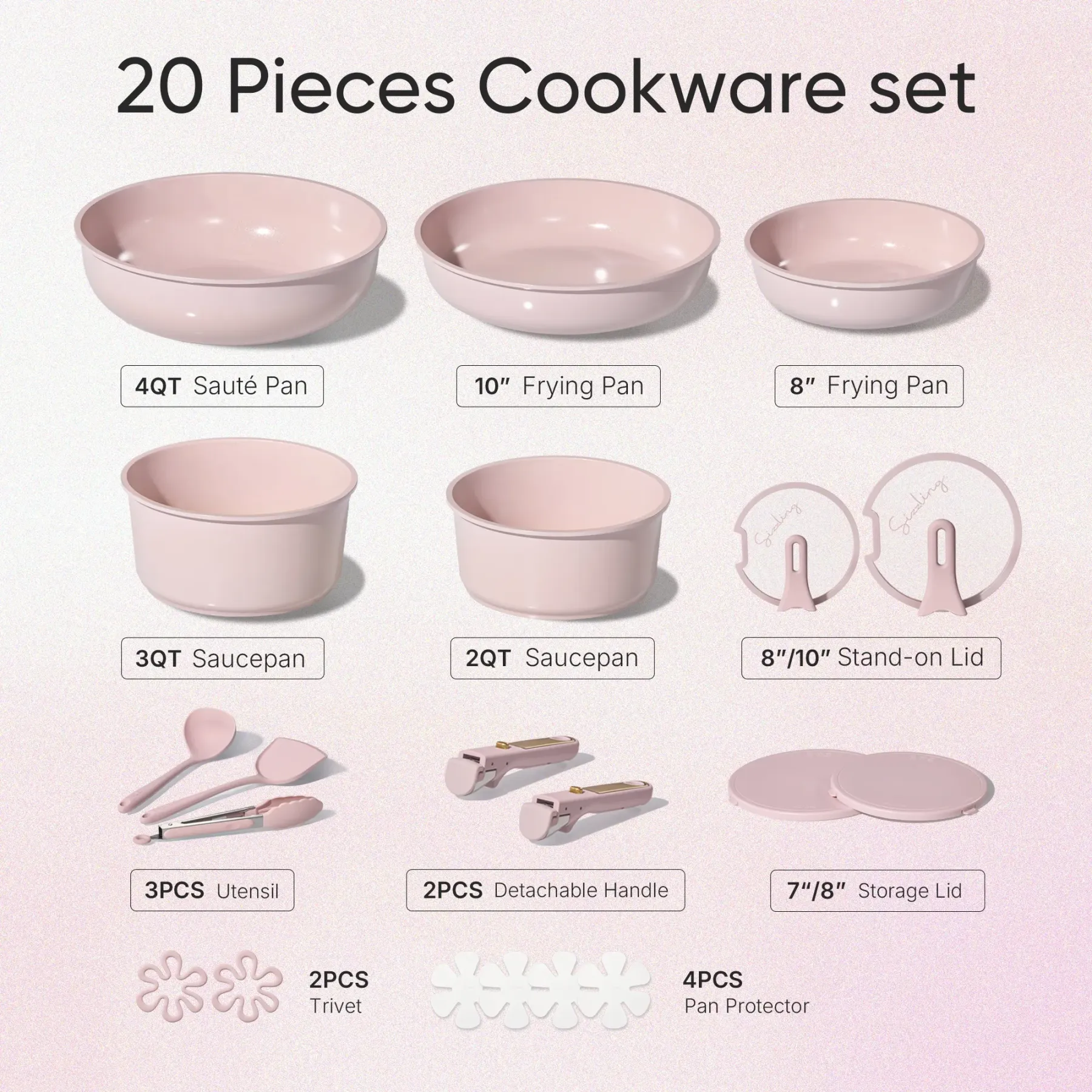 Juego de utensilios de cocina de cerámica de 20 piezas (color Macaron) con tapas verticales y asas desmontables — Juego de ollas y sartenes antiadherentes, no tóxico y libre de PFAS.