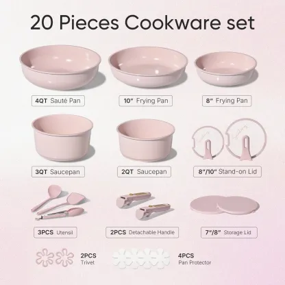 Juego de utensilios de cocina de cerámica de 20 piezas (color Macaron) con tapas verticales y asas desmontables — Juego de ollas y sartenes antiadherentes, no tóxico y libre de PFAS.