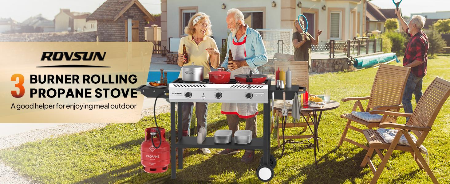 ROVSUN 2/3 Burner Outdoor Propane Gas Stove with Auto-ignition, Regulator & Side Shelves, 150,000/225,000 BTU Powerful Stand Cooker for Backyard Patio Cooking Home Brewing Canning Turkey Frying