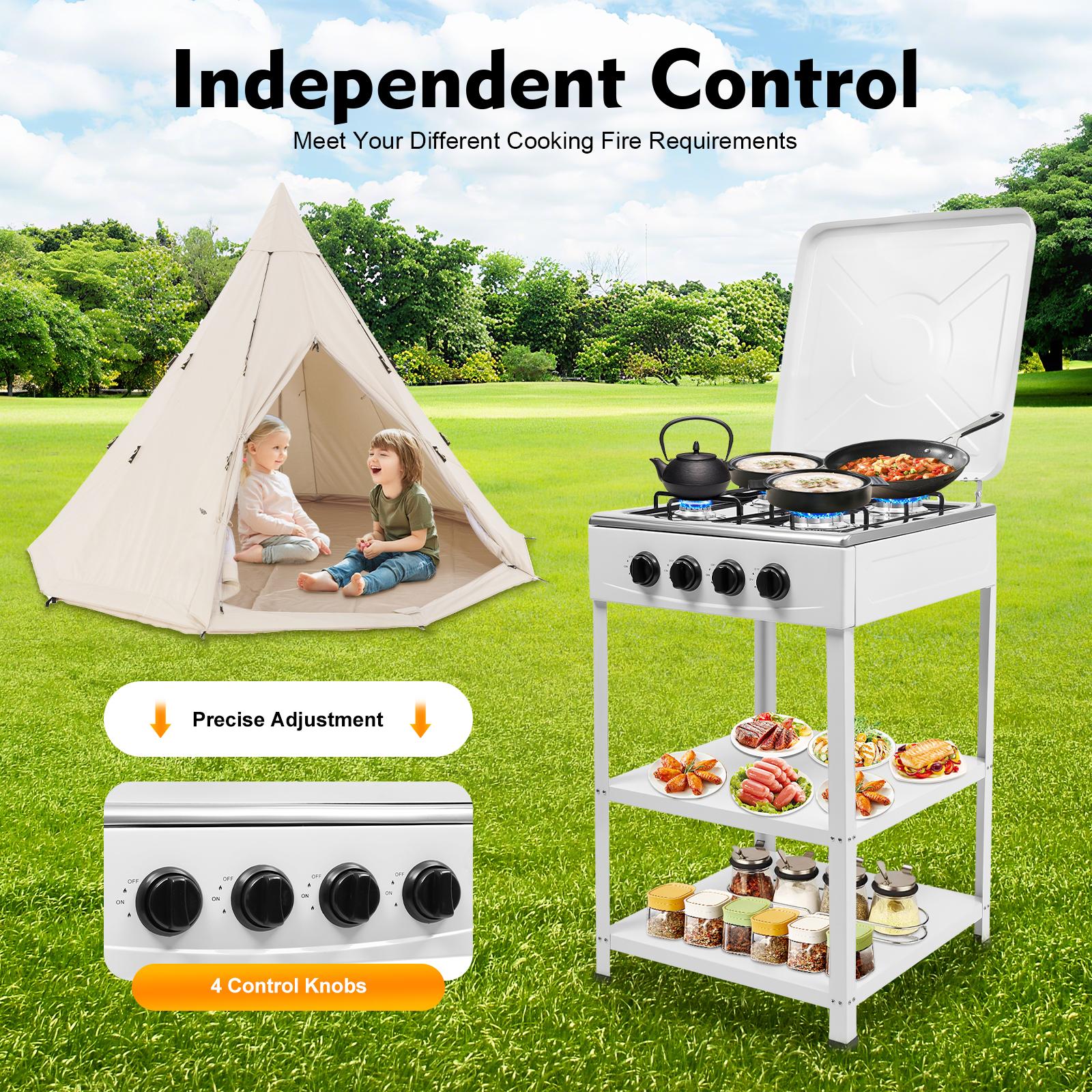 4 Burner Freestanding Gas Stove NG LPG Outdoor Camping Portable Cooktop with 4 Knobs Manual Ignition for RV Travel Emergency Preparedness Family Use