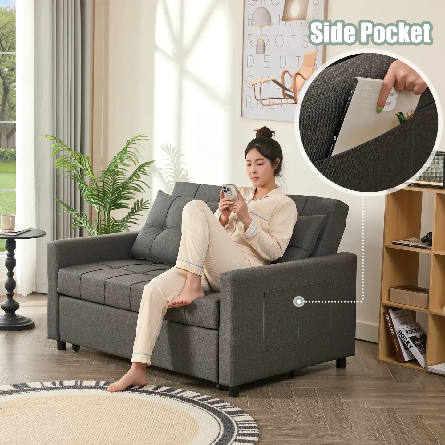 Sofá cama de 52 pulgadas con cama extraíble, sofá convertible 3 en 1, sofá de dos plazas con respaldo de ajuste continuo y bolsillo lateral; ideal para sala de estar, dormitorio o apartamento.