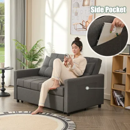 Sofá cama de 52 pulgadas con cama extraíble, sofá convertible 3 en 1, sofá de dos plazas con respaldo de ajuste continuo y bolsillo lateral; ideal para sala de estar, dormitorio o apartamento.
